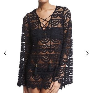 PQ Swim Noah Crocheted Tunic Coverup, Black/Gold size XS/S